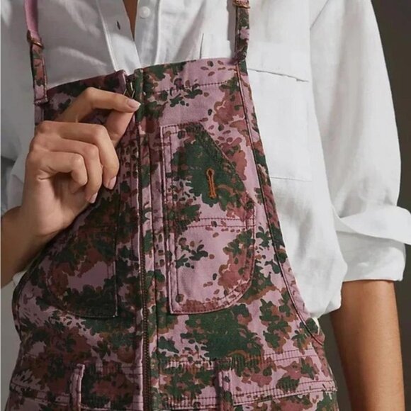 Pilcro for Anthropologie Pink and Green Camouflage The Painters Overalls - Picture 2 of 11